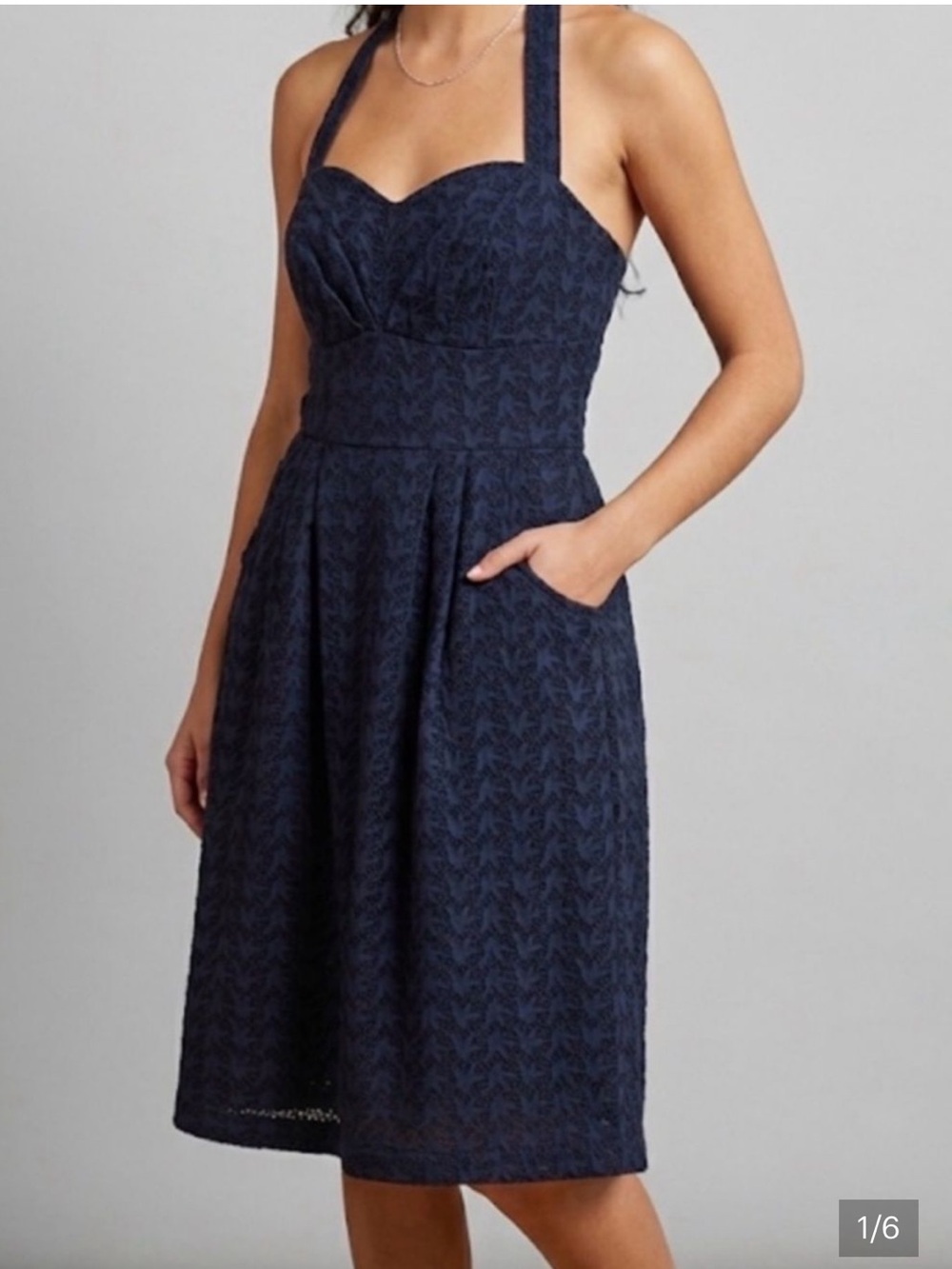 Anthropologie Navy Eyelet Midi Dress with Sweetheart Bodice